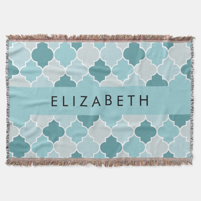 Couverture Trellis Bleu Marocain, Quatrefoil, Votre Nom (Devant)