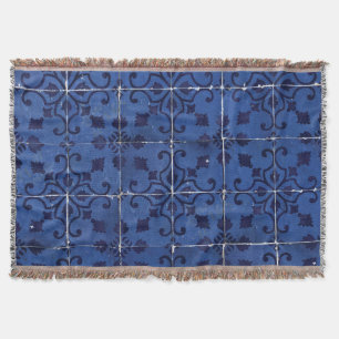 Couverture Tuiles portugaises - Azulejo Blue Floral Leaf Desi