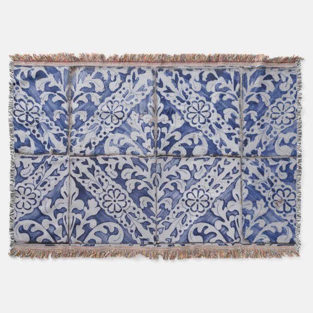 Couverture Tuiles portugaises - Azulejo Floral bleu et blanc (Devant)