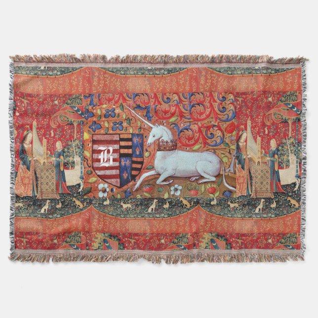 COUVERTURE UNICORN, DAME JOUANT ORGE AVEC MONOGRAMME ANIMAL (Devant)