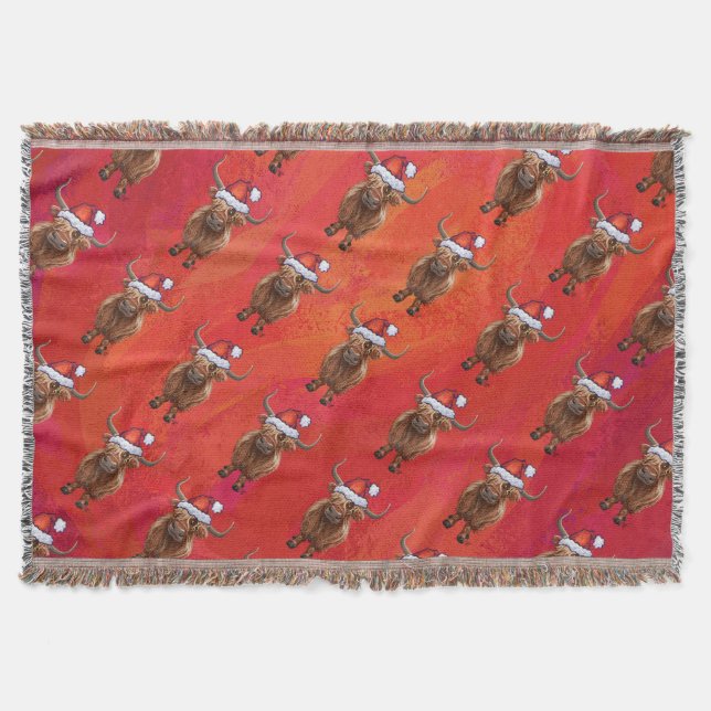 Couverture Vache Highland à Santa Hat Motif sur Red (Devant)