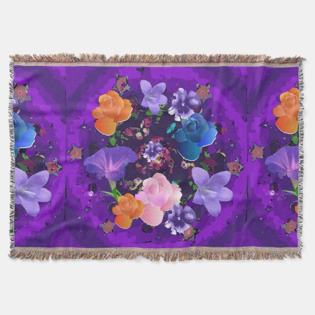 Couverture Vibrant Purple Abstrait Floral Tissé Jetée Blanche (Devant)