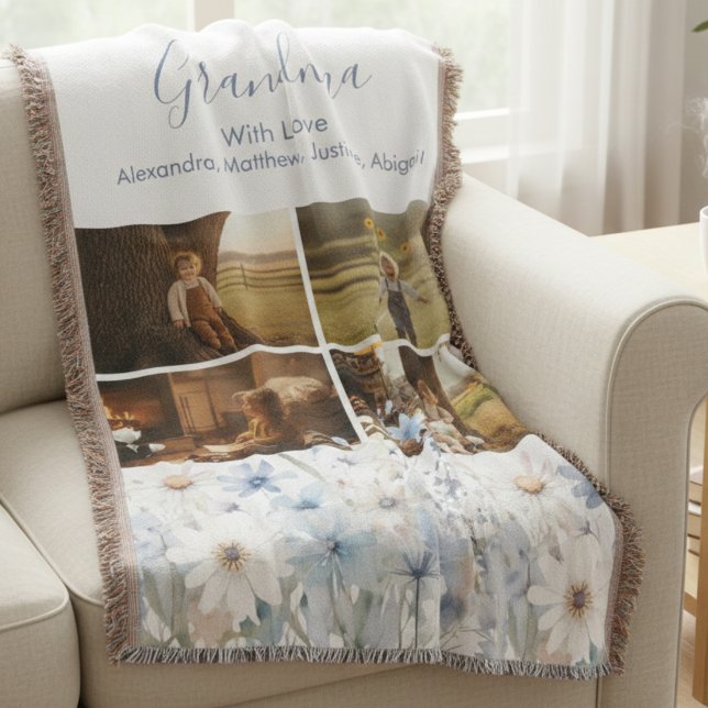 Couverture Wildflower Botanical Grandma Photo Birthday (Personalized Grandchildren Collage Throw blanket for Grandma)