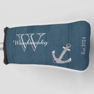 Couvre-club De Golf Ancre bleu marine en bois rustique Monogramme