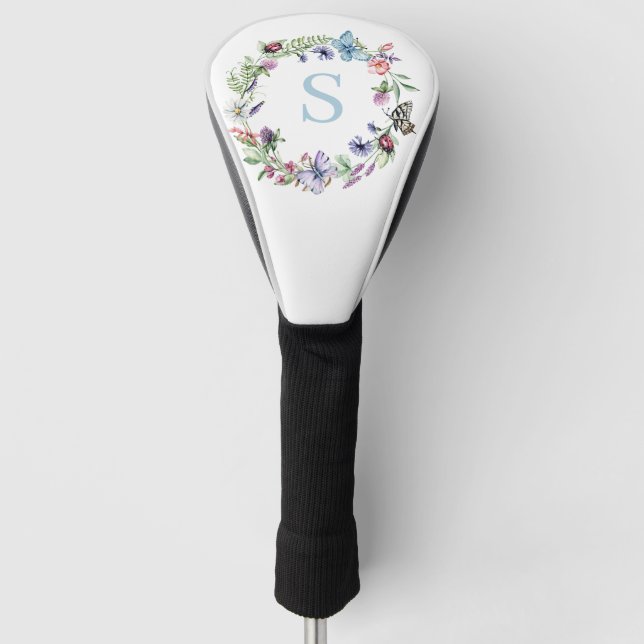 Couvre-club De Golf Aquarelle de Fleur sauvage floral monogramme (Devant)