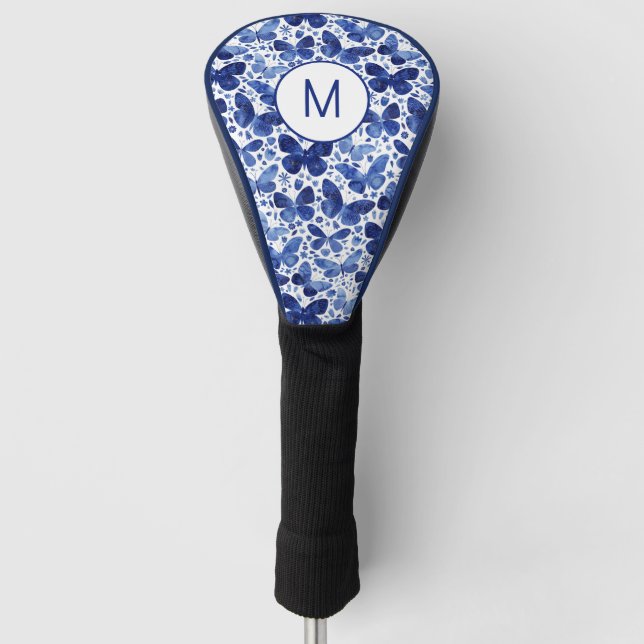 Couvre-club De Golf Aquarelle de papillon initial Monogramme bleu (Devant)