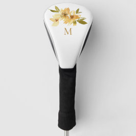 Couvre-club De Golf Aquarelle Monogramme de fleurs jaunes et de cuivre