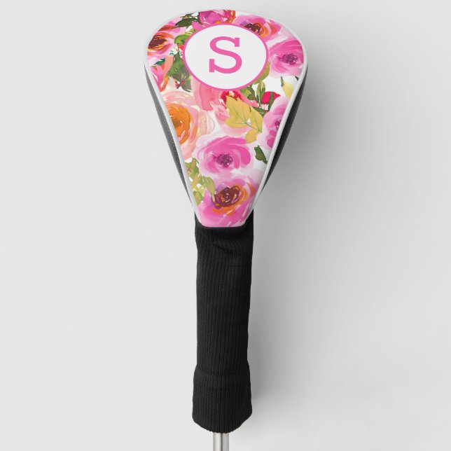 Couvre-club De Golf Aquarelle rose Florales Monogrammes (Devant)