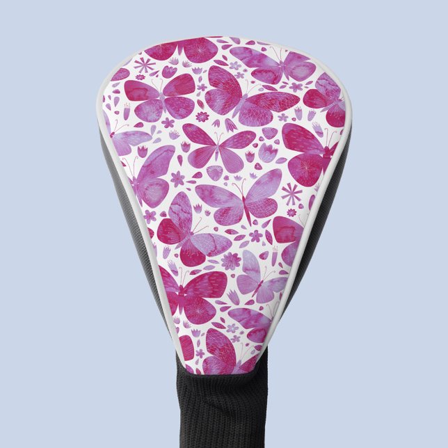 Couvre-club De Golf Aquarelle rose Motif papillon (Hot pink and white watercolor butterfly pattern golf head cover)