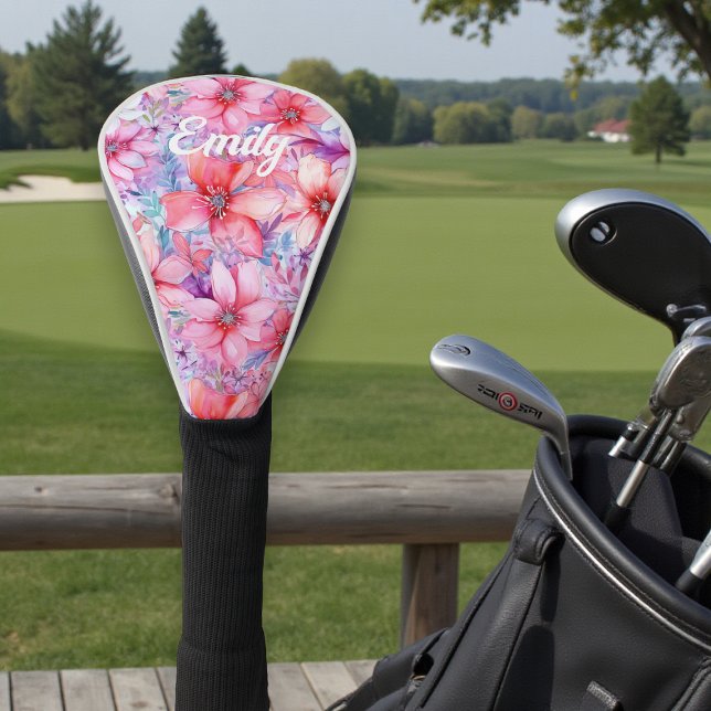 Couvre-club De Golf Aquarelle rose violet Floral Nom personnalisé (Créateur téléchargé)