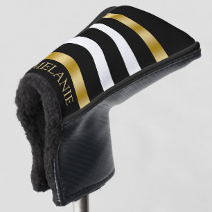 Couvre-club De Golf Bandes verticales noir et blanc or accents