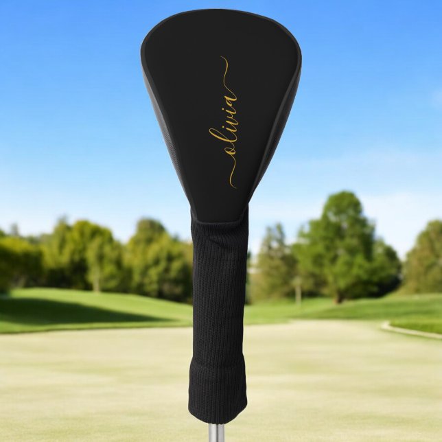 Couvre-club De Golf Black Gold Modern Script Girl Monogramme Nom (Créateur téléchargé)