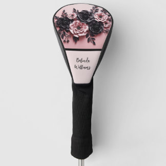 Couvre-club De Golf Blush Rose Fleurs 3D Monogramme Noir