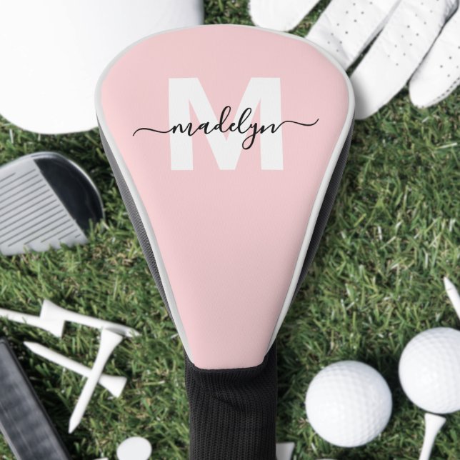 Couvre-club De Golf Blush rose moderne Girl Script Nom Monogramme (Blush Pink Modern Girly Script Name Monogram Golf Head Cover)