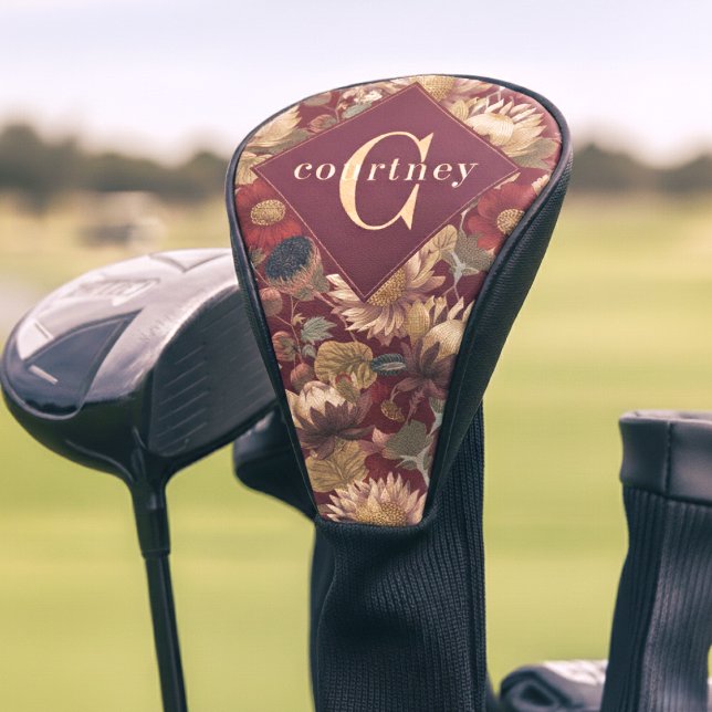 Couvre-club De Golf Burgundy William Morris Floral Elegant Monogram  (Créateur téléchargé)