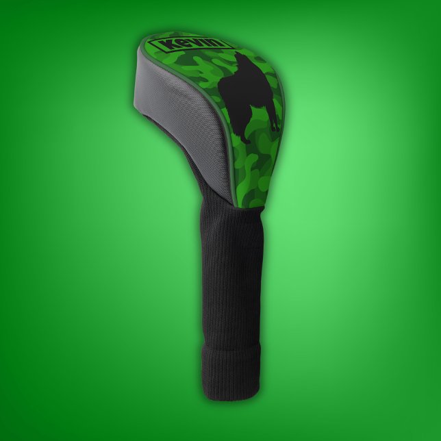 Couvre-club De Golf Camo vert moderne noir Wolf Silhouette Monogramme  (Créateur téléchargé)