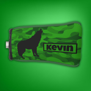 Couvre-club De Golf Camo vert moderne noir Wolf Silhouette Monogramme