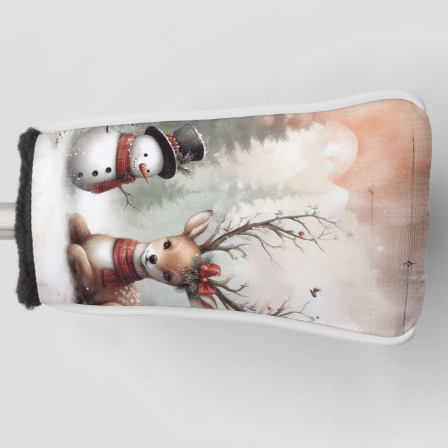 Couvre-club De Golf Cerf de Noël/bonhomme de neige en bois classique (Devant)