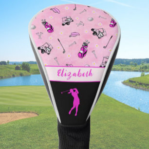 Couvre-club De Golf Chariot de golf rose chaud motif nom personnalisé