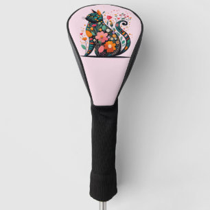 Couvre-club De Golf Chat noir silhouette faite de fleurs colorées
