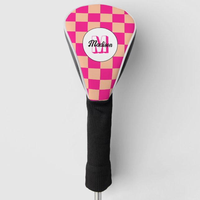 Couvre-club De Golf Checkered peach hot pink geometric retro Monogram (Devant)
