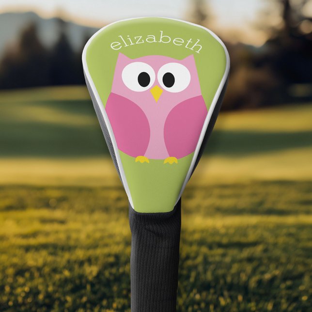 Couvre-club De Golf Chouette caricaturale mignonne - rose et vert citr (Personalized Golf Head Cover)