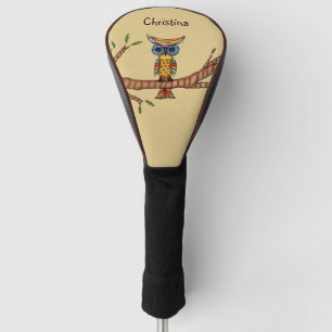 Couvre-club De Golf Chouette Jaune Tête Colorée Plumes Arbre Tan