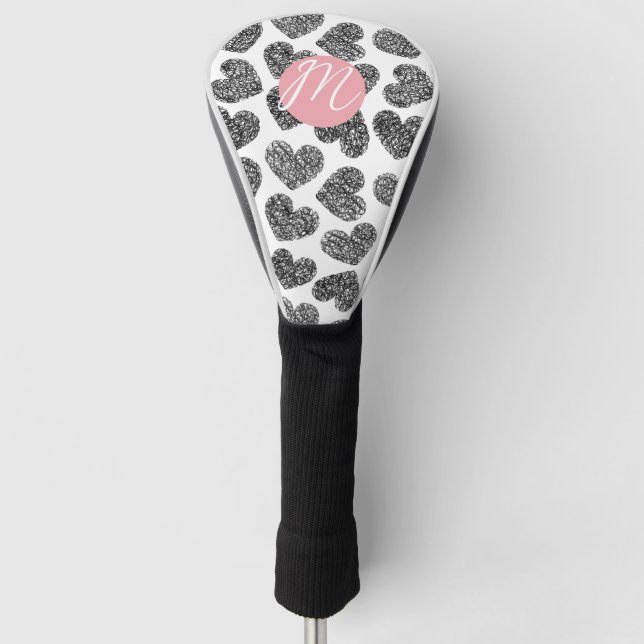 Couvre-club De Golf Coeurs de Doodle Noir et Blanc modernes Monogramme (Devant)