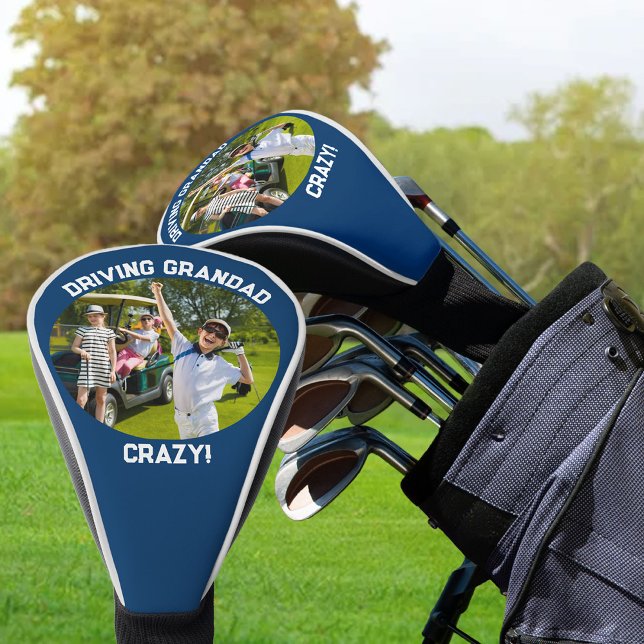 Couvre-club De Golf Conduite Grand Crazy Photo Bleu Blanc Pilote (Funny golf driver head cover .. Driving Grandad Crazy with custom Photo of Grandkids or Grandpa)