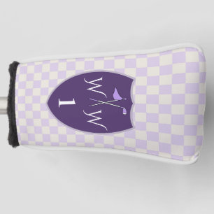Couvre-club De Golf Crème blanche & à damiers violet & monogramme & 