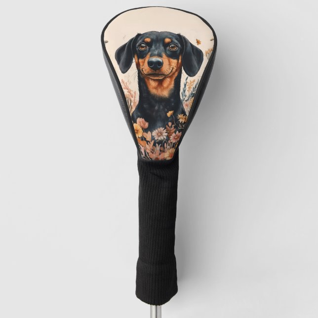 Couvre-club De Golf Cute Dachshund avec peinture Fleur sauvage (Devant)