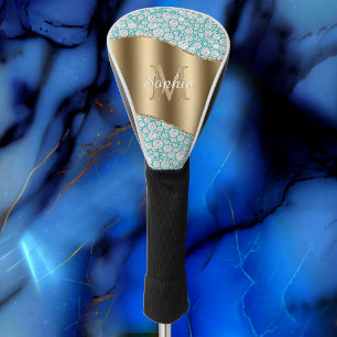 Couvre-club De Golf Diamants de Glam sur Turquoise, Monogramme Or, Nom
