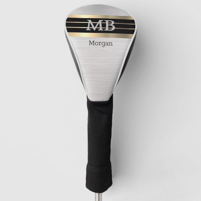Couvre-club De Golf DIY Monogram/Name, Bk/Gold Stripes, Brushed Silver (Devant)