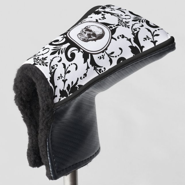 Couvre-club De Golf Élégant crâne noir gothique damassé (Devant 3/4)
