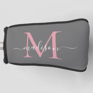 Couvre-club De Golf Élégant Gris Blush rose Monogramme Feminine Script