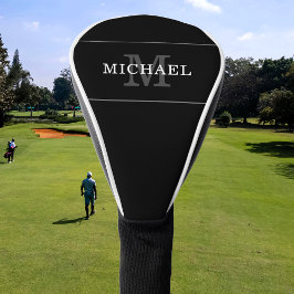 Couvre-club De Golf Élégant Monogramme d'argent noir Nom personnalisé