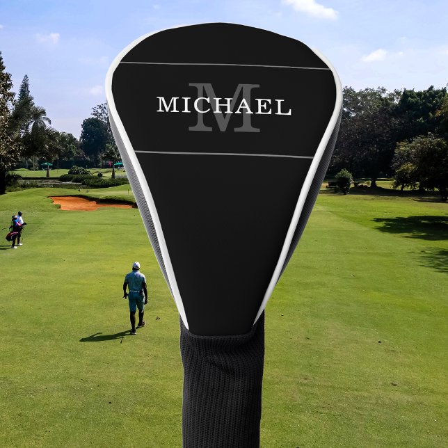 Couvre-club De Golf Élégant Monogramme d'argent noir Nom personnalisé (Créateur téléchargé)