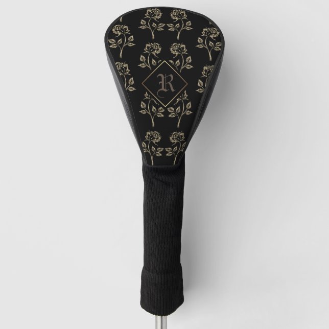 Couvre-club De Golf Élégant Roses noir & or Monogramme (Devant)