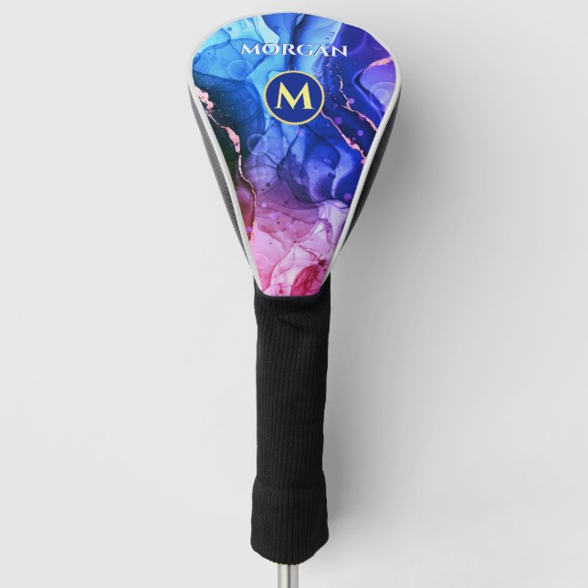 Couvre-club De Golf Encre Liquide Violet Rouge Bleu, Monogramme & Nom (Devant)
