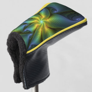 Couvre-club De Golf Etoile Abstraite, Bleu brillant Vert Or Fractal Ar