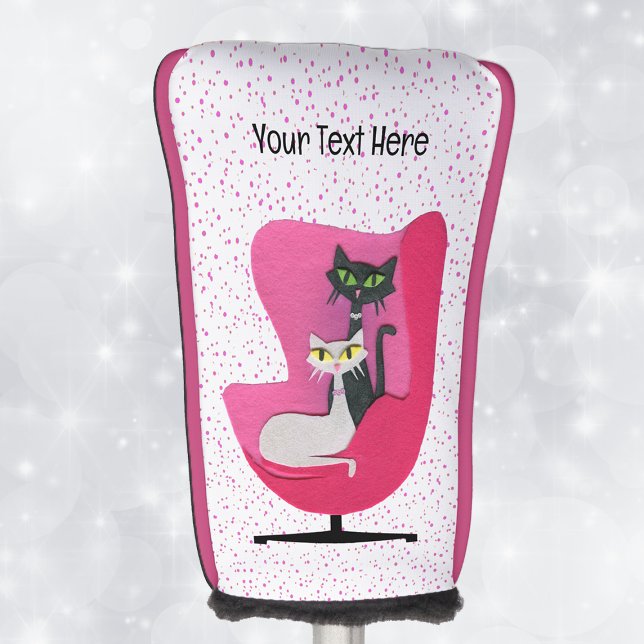 Couvre-club De Golf Fancy Chats Colliers Diamants Retro Pink - Chaise  (Mid century style black white cats in pink chair on white with pink dots golf club cover.)