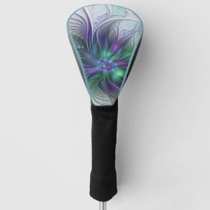 Couvre-club De Golf Fleur verte abstraite moderne fractale violette