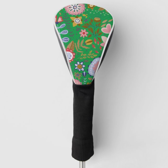 Couvre-club De Golf Fleurs d'art populaire Whimsical sur vert (Devant)