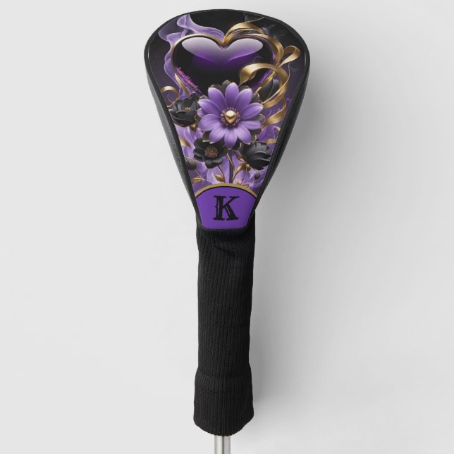 Couvre-club De Golf Fleurs de coeur pourpre et or (Devant)