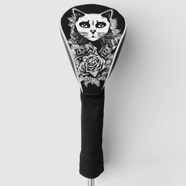 Couvre-club De Golf Fleurs Et Chat Gothique (Devant)