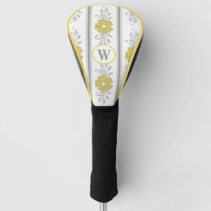 Couvre-club De Golf Fleurs jaunes et grises avec monogramme