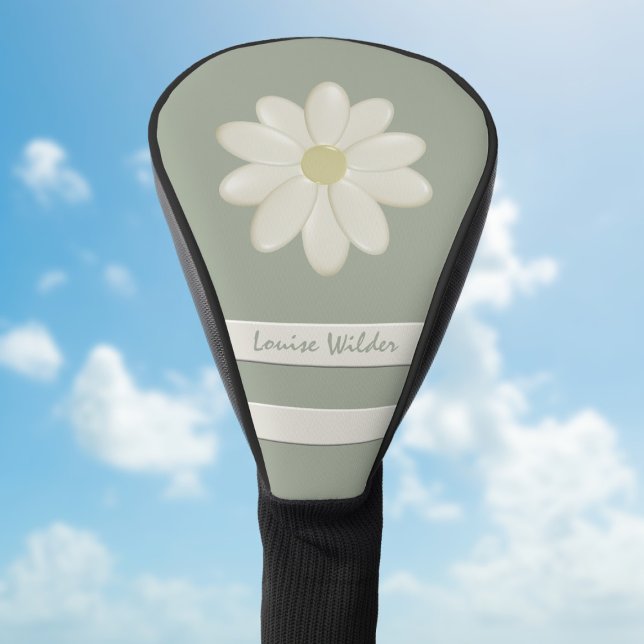 Couvre-club De Golf Fleurs marguerites Nom Sage Green (A pretty sage green golf head cover with space for your name)