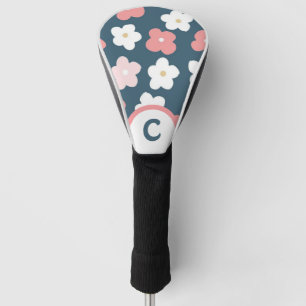 Couvre-club De Golf Fleurs rétro Turquoise rose et blanc Monogramme