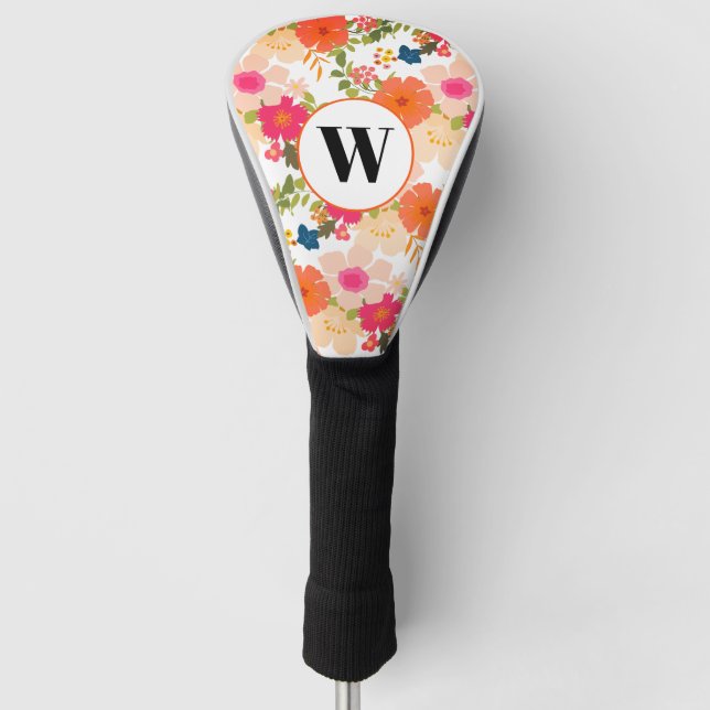 Couvre-club De Golf Floral d'aquarelle orange monogramme (Devant)