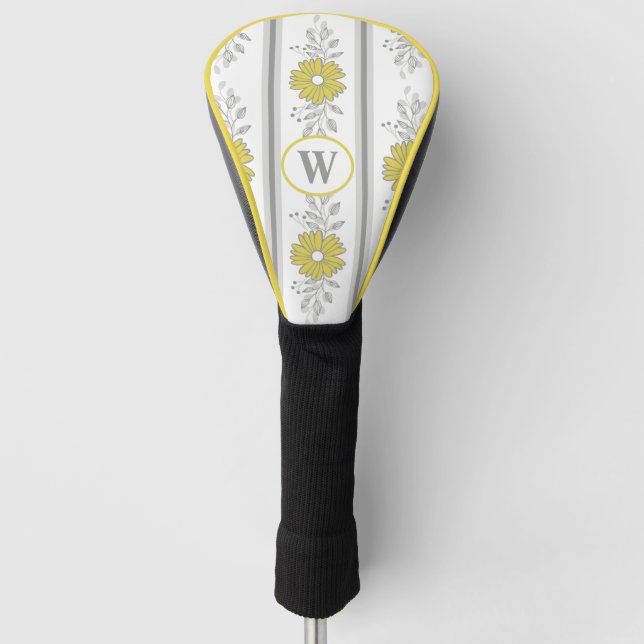 Couvre-club De Golf Floral jaune et gris monogramme (Devant)